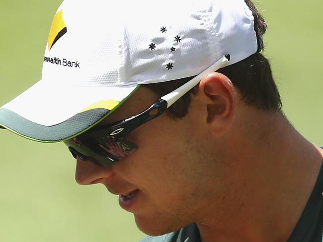 BRISBANE, AUSTRALIA - DECEMBER 16: Mitchell Starc and Josh Hazlewood of Australia talk during an Australian Nets Session at The Gabba on December 16, 2014 in Brisbane, Australia. (Photo by Ryan Pierse/Getty Images)