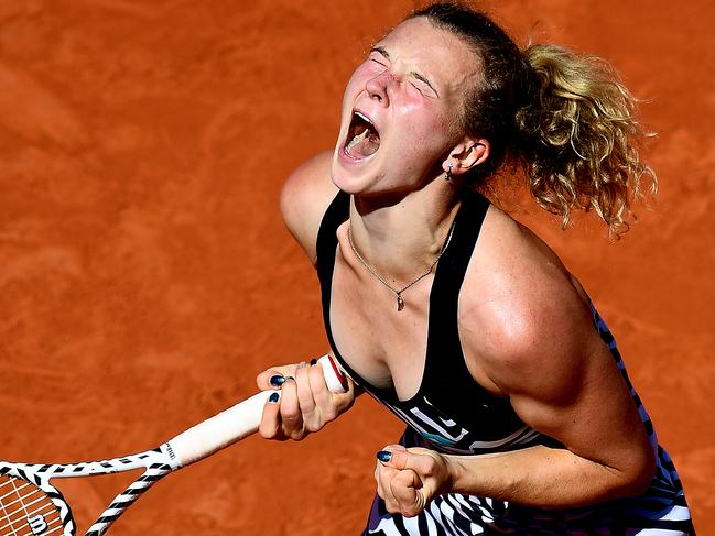 Katerina Siniakova of The Czech Republic celebrates her win over number one seed Naomi Osaka of Japan.