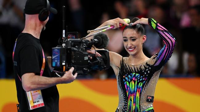 Alexandra Kiroi-Bogatyreva was all smiles after her routine in the clubs final. Picture: Shaun Botterill/Getty Images