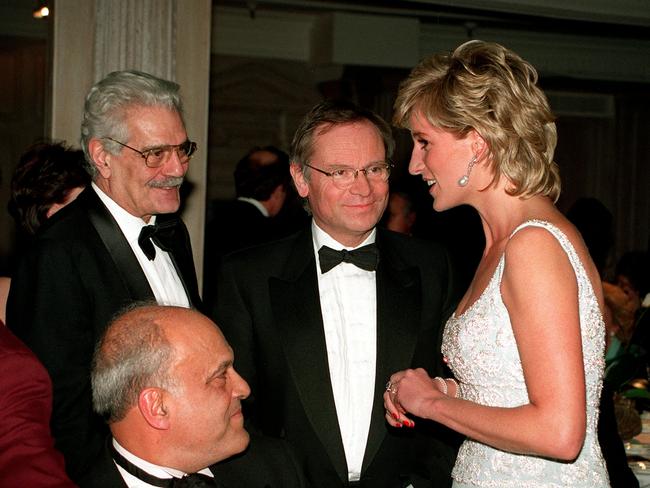 Princess Diana with writer Jeffrey Archer, actor Omar Sharif and doctor Magdi Yacoub attending a charity dinner for the Harefield Heart Unit at Harrods, London, February 1996. Picture: Getty