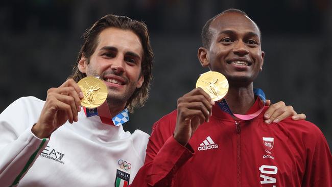 The pair shared gold in the men’s high jump. Picture: Getty Images