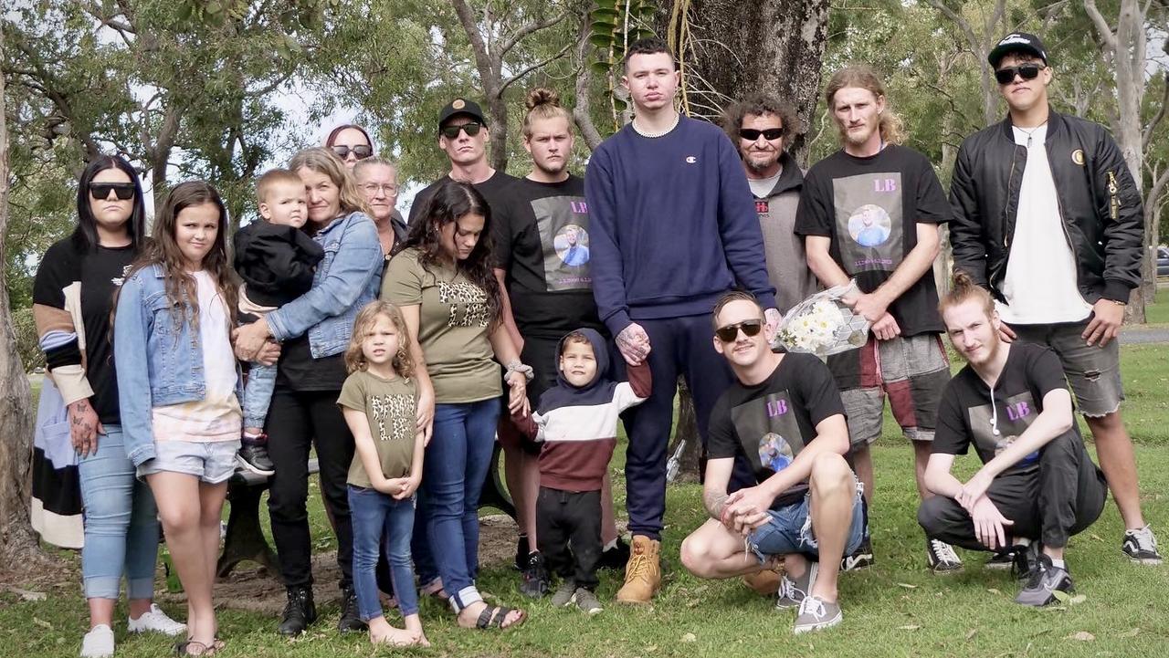 Laughlan Blair’s family gathered to make the Weston’s music video. Pictured: Chelsea Madden, Janell Szymanski, Ashlee, Hengstberger with children Maddison and Xander Hengstberger, Loura Thompson, Casey Irelandes with children Michael and Emily Hamper, Ethen Pedersen, Angus Blair, Brandon-Lee Weston, Matty Szymanski, Craig Weston, Corbin Thompson, Declan Blair, Zac Michel. Picture: Contributed