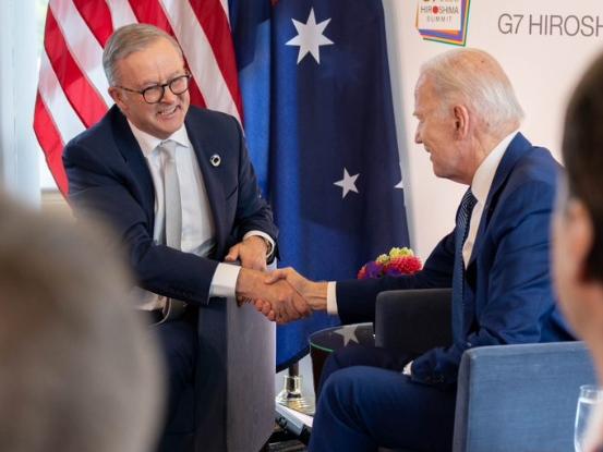 Australian Prime Minister Anthony Albanese twitter pictures from his meeting with American President Joe Biden during the G7 = Our enduring friendship with the United States demonstrates what’s possible when we work together., , Today, , @POTUS,  Biden and I signed a Statement of Intent that will make action on climate a key feature of our partnership. Picture Twitter @AlboMP,