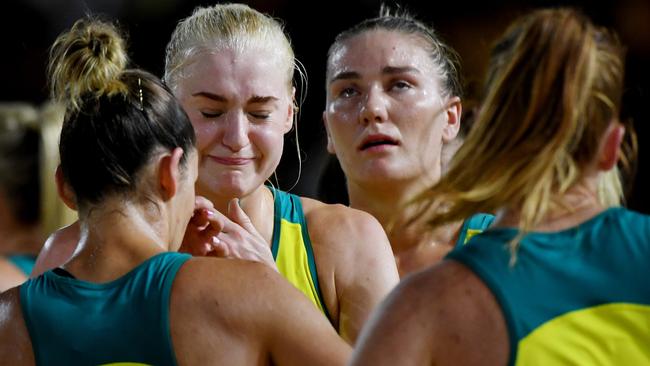 Diamonds players react after their shock loss in the Commonwealth Games. Picture: AAP Images