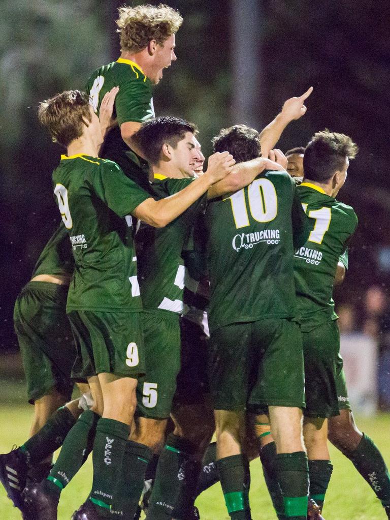 Western Pride players celebrate securing a historic spot in the 2017 NPL Queensland grand final. The Ipswich club is keen to regain its place in the NPL senior men’s competition. Picture: Chris Simpson