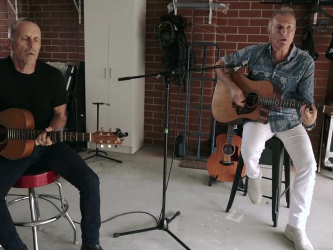 Mark Seymour and James Reyne perform for the Music From The Home Front. Picture: AAP/Nine Network