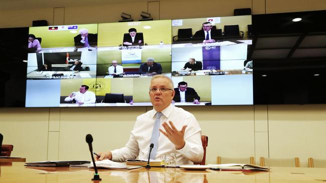 Prime Minister Scott Morrison holds a National Cabinet meeting with all the State leaders at Parliament House in Canberra on August 7, 2020. Picture: Adam Taylor/PMO