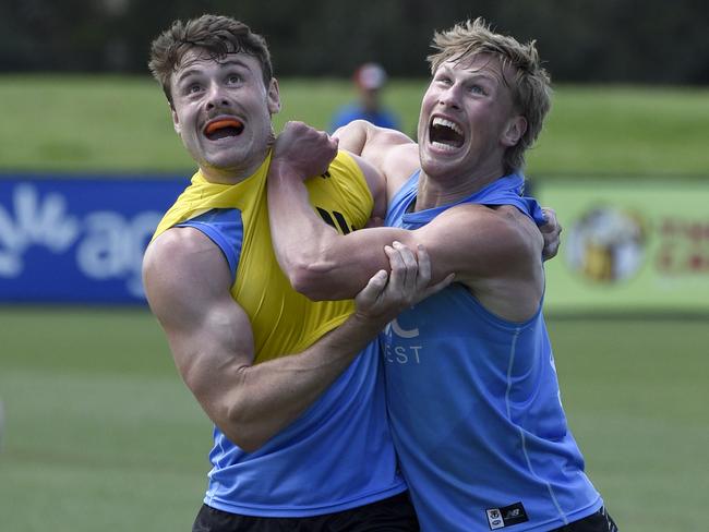 Harry Boyd and Max Heath at St Kilda training. Picture: Andrew Henshaw