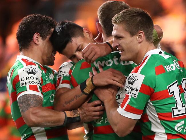 SYDNEY, AUSTRALIA - OCTOBER 10: Jaxson Paulo of the Rabbitohs celebrates after scoring a try during the NRL Semi Final match between the Parramatta Eels and the South Sydney Rabbitohs at Bankwest Stadium on October 10, 2020 in Sydney, Australia. (Photo by Mark Kolbe/Getty Images)