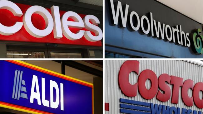 Coles, Woolworths, Aldi, Costco composite. Picture: NCA Newswire