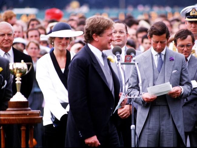 King Charles attended the 1985 Melbourne Cup with Princess Diana, where the late John Elliott presented the trophy. Pic Brisbane Sun.