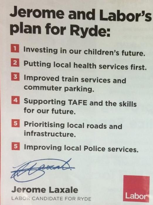 Labor candidate for Ryde Jerome Laxale’s election pamphlet featuring a typo.