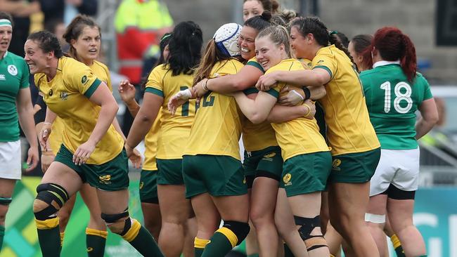 Australia celebrate after their victory during the Women's Rugby World Cup 2017 match against Ireland. Pic: Getty Images