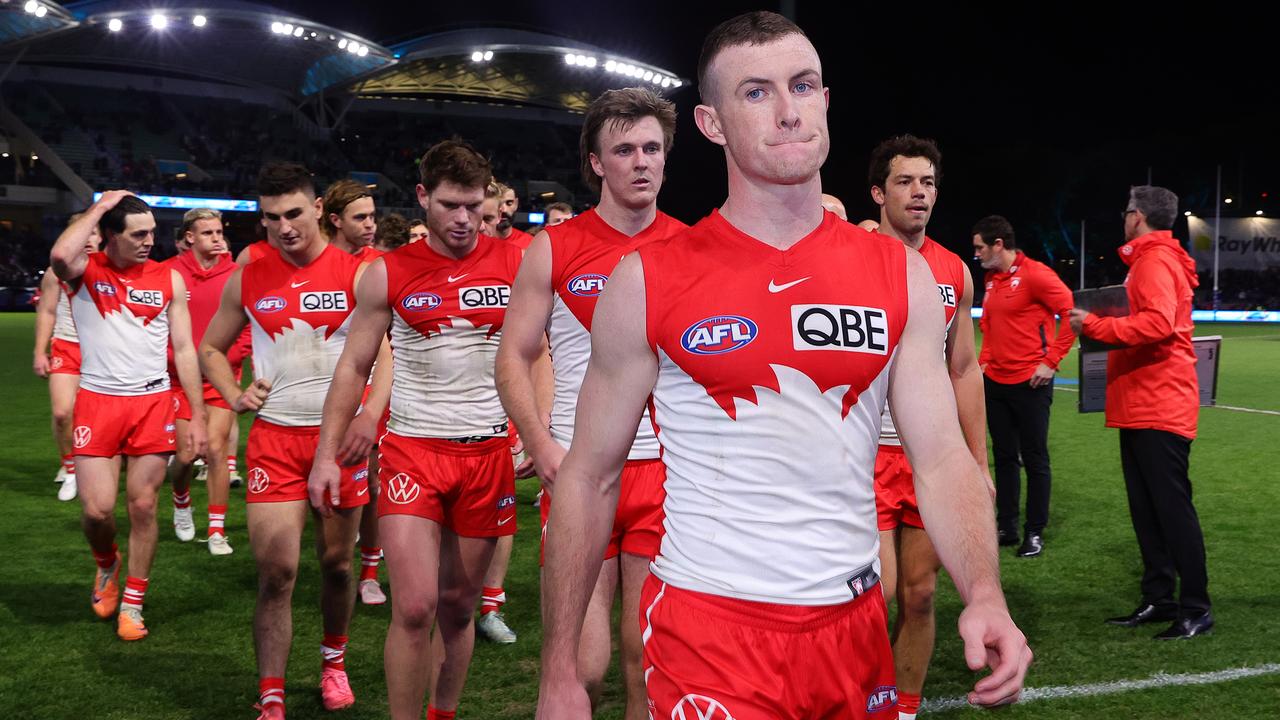 ADELAIDE, AUSTRALIA - AUG 03: Chad Warner of the Swans walks off after the loss during the 2024 AFL Round 21 match between the Port Adelaide Power and the Sydney Swans at Adelaide Oval on August 03, 2024 in Adelaide, Australia. (Photo by Sarah Reed/AFL Photos via Getty Images)