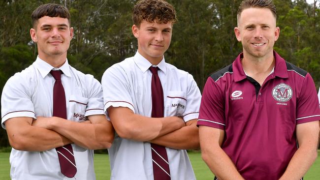 Marsden State High School’s coach Matthew Hartigan with students Jacob Tinsley, Coby Black. Picture, John Gass