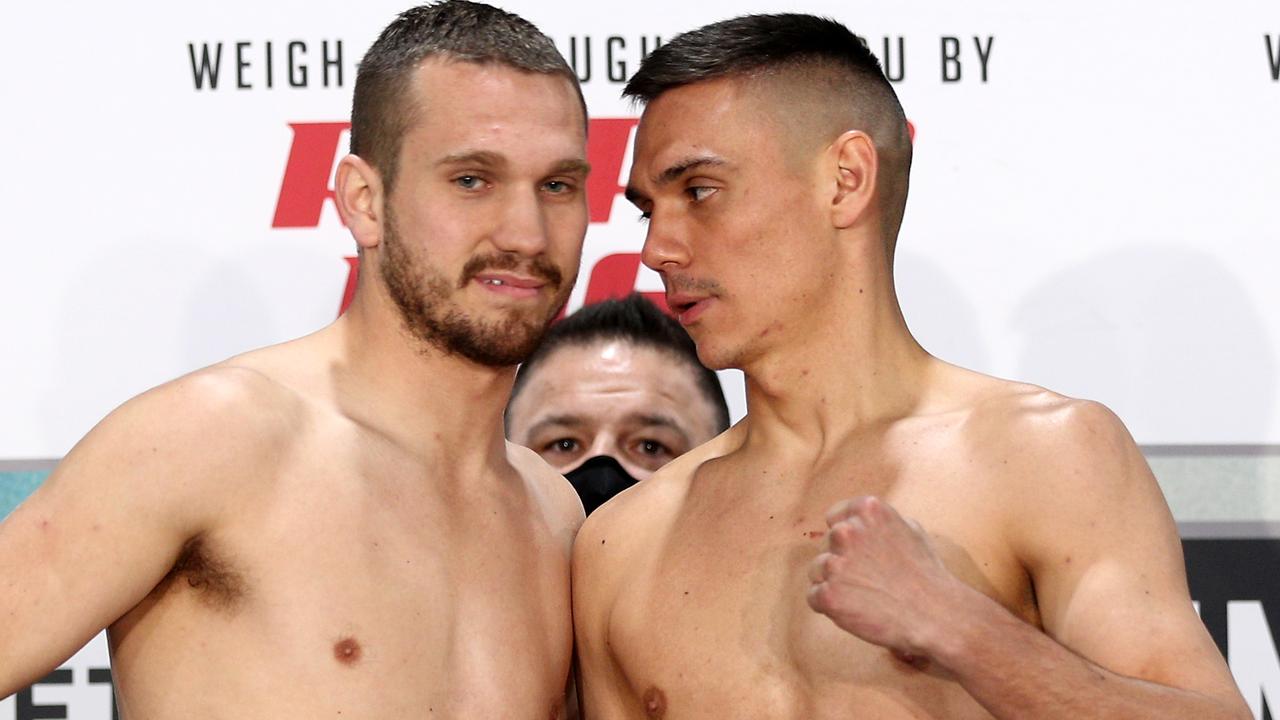 Tszyu quickly responds to Spark's threat with fury in his eyes. Picture: Shane Myers