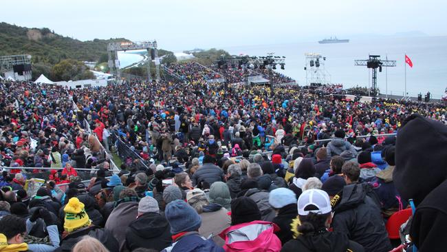 Crowds of Australians and New Zealanders gather at Anzac Cove in Gallipoli for the Anzac Centenary dawn service in 2015.