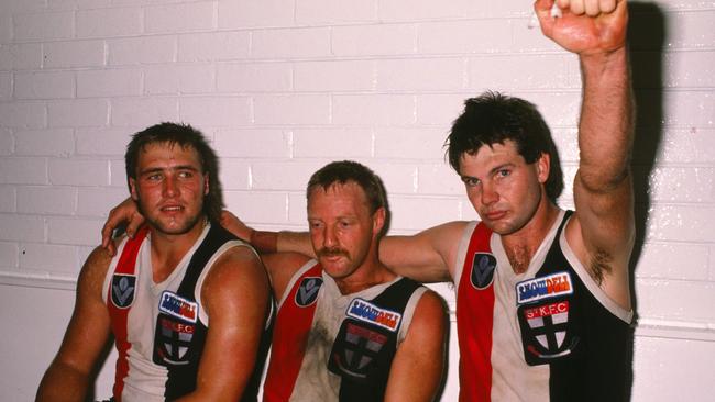 Danny Frawley (R), Geoff Cunningham and Tony Lockett relax in the rooms after the 1989 VFL match.