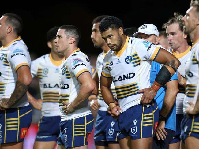 SYDNEY, AUSTRALIA - MARCH 16:  Mitchell Moses and Waqa Blake of the Eels look on after a Sea Eagles try during the round three NRL match between Manly Sea Eagles and Parramatta Eels at 4 Pines Park on March 16, 2023 in Sydney, Australia. (Photo by Cameron Spencer/Getty Images)