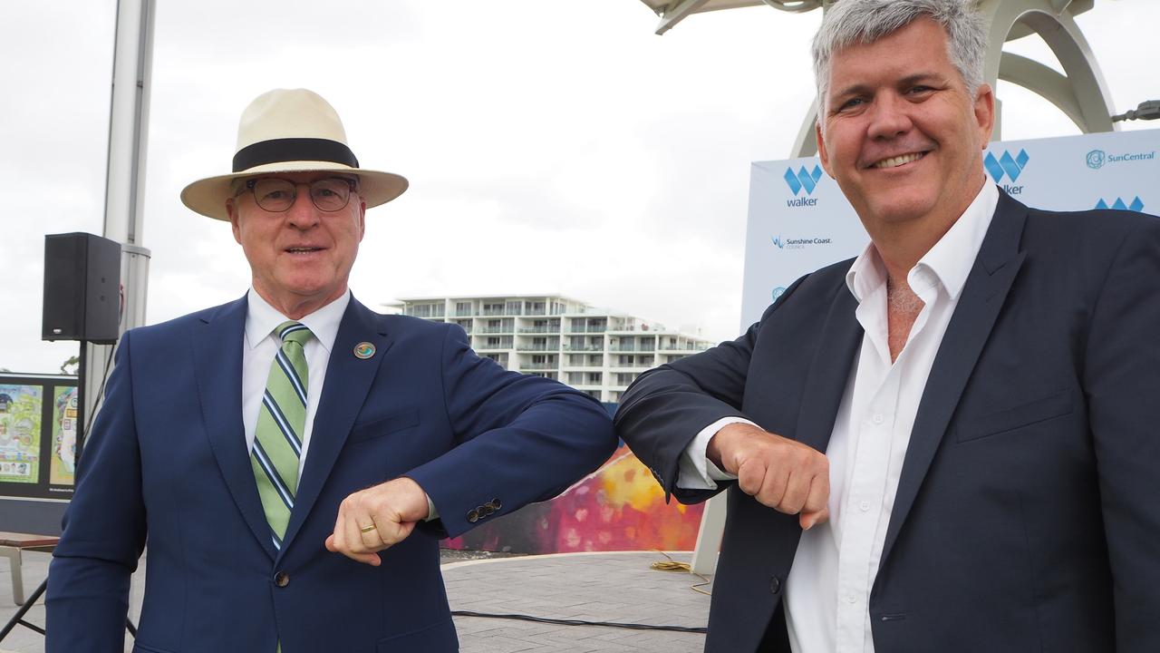 Mayor Mark Jamieson and Walker Corporation's commercial manager Malaysia and development projects George Quinn announce the development agreement for the Maroochydore City Centre.