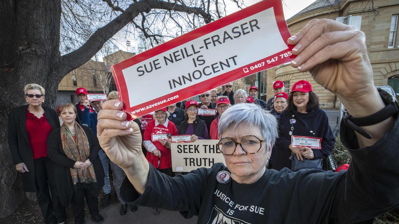 Sue Neill-Fraser Support Group president Rosie Crumpton-Crook and members outside Parliament House in August this year for the 12th anniversary of Sue Neill Fraser’s incarceration. Picture: Chris Kidd