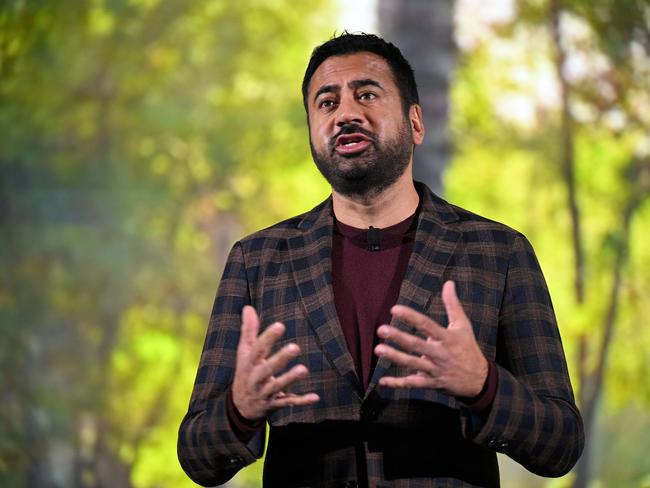 Actor Kal Penn speaks on stage at the Panasonic press conference. Picture: AFP