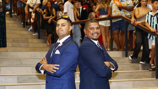 Ramon Savae and his father Andrew Savage at the Trinity Bay High School formal evening, held at the Cairns Convention Centre. Picture: Brendan Radke