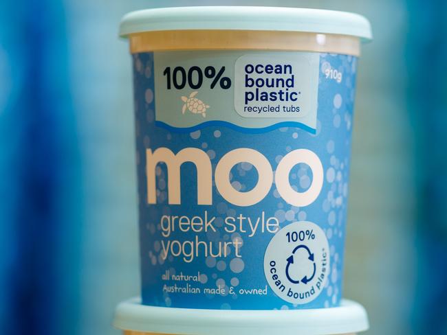 Moo Yoghurt has, as a result of an ACCC process, put a little sticker over the top that says ocean-bound plastic. Picture: Matt Turner