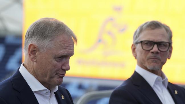 Australia's national rugby union head coach Joe Schmidt with future head coach Les Kiss. Picture: Getty