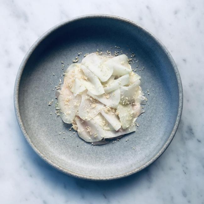 Vladimir Panevin’s stripy trumpeter sashimi, kohlrabi, smoked creme fraiche, with horseradish.