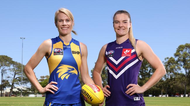 West Coast’s Dana Hooker and Docker Hayley Miller at the season launch in WA. Picture: Paul Kane/Getty Images