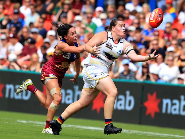 Sarah Perkins in action during the Crows AFLW grand final victory in 2017 at Metricon Stadium – her new club’s home ground. Picture: Adam Head