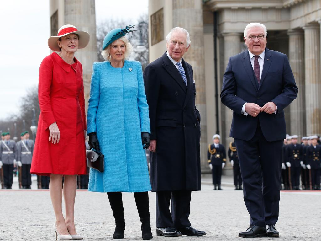 King Charles III and Camilla, Queen Consort attend a ceremonial welcome in Berlin with (R) President Frank-Walter Steinmeier and (L) Elke Badenbender on March 29, 2023. Sustainability was a key focus of the visit. Picture: Samir Hussein/WireImage