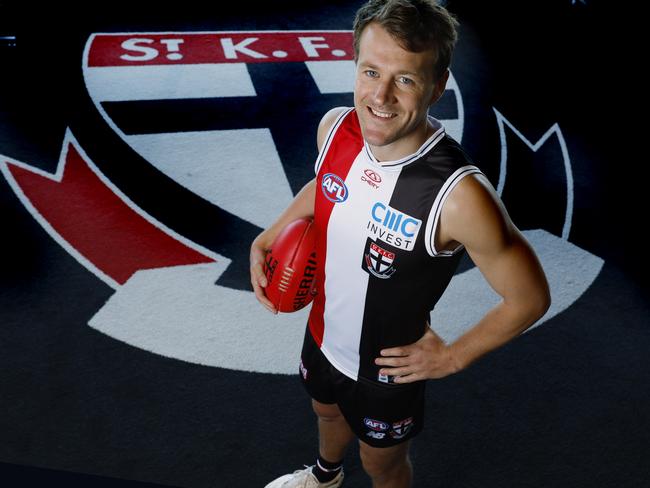 Jack Macrae tries out Saints colours. Picture: Michael Klein