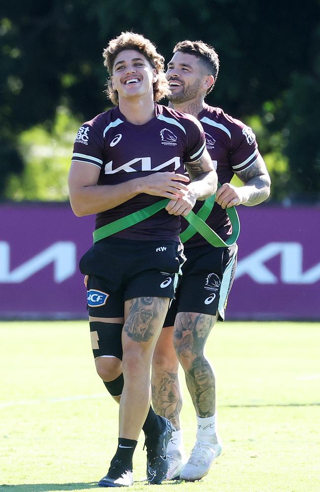 Reece Walsh and Adam Reynolds train at Red Hill. Picture: Liam Kidston
