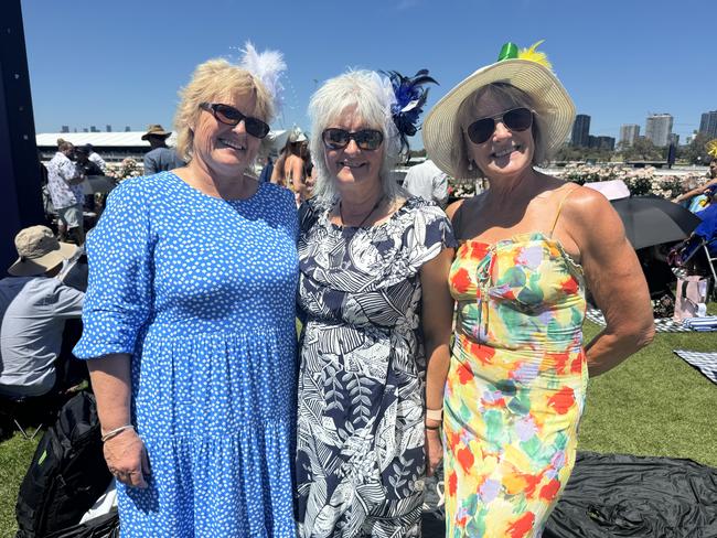 Sandy McLachlan, Vicki Aitken and Jo Glynn at the Melbourne Cup at Flemington Racecourse on November 5, 2024. Picture: Phillippa Butt