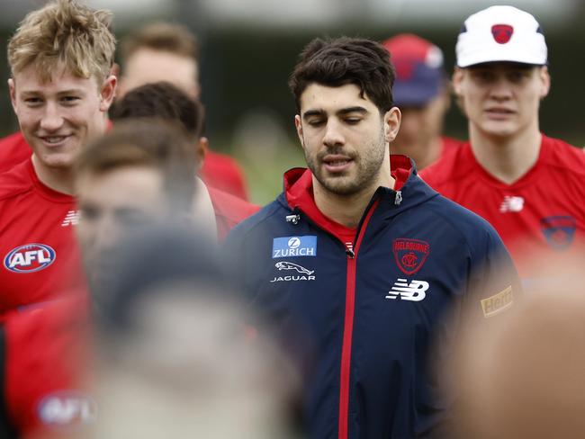 MELBOURNE, AUSTRALIA - SEPTEMBER 08: Christian Petracca of the Demons is seen during a Melbourne Demons AFL training session at Gosch's Paddock on September 08, 2022 in Melbourne, Australia. (Photo by Darrian Traynor/Getty Images)