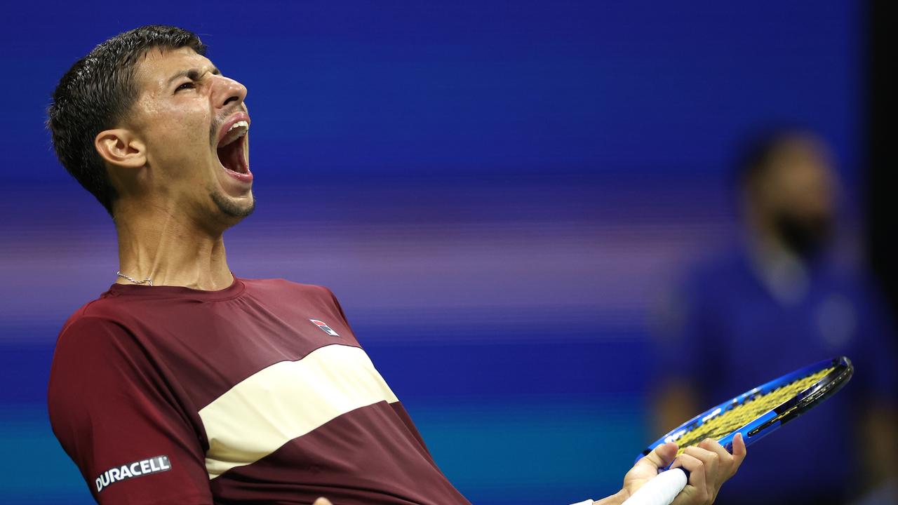 Alexei Popyrin of Australia reacts after breaking serve against Novak Djokovic of Serbia during their Men's Singles Third Round match on Day Five of the 2024 US Open at USTA Billie Jean King National Tennis Center on August 30, 2024 in the Flushing neighborhood of the Queens borough of New York City. (Photo by Sarah Stier/Getty Images)