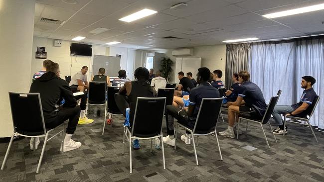 Inside the United team room, pre-game.