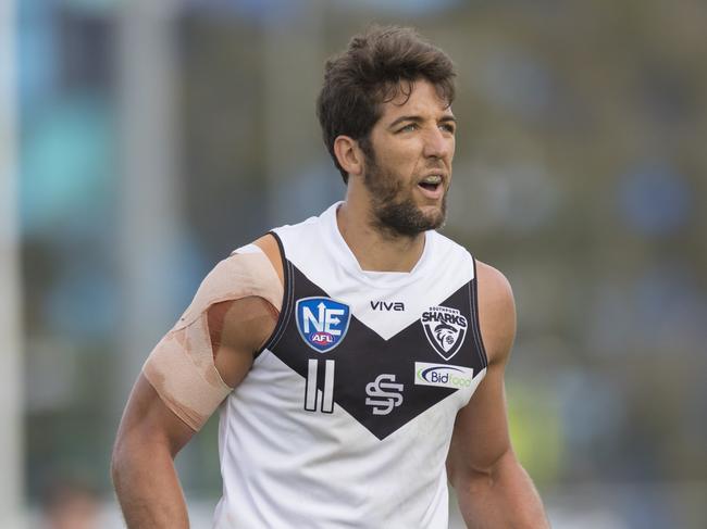 Alex Aurrichio during his NEAFL debut for the Southport Sharks against Redland at Fankhauser Reserve on Saturday, June 1, 2019. Picture credit: TJ Yelds, NEAFL.