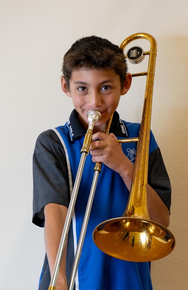 Junallaki Jones-Lawlor played trombone in the One Mile State School Concert Band in the Gympie Eisteddfod. July 31, 2023. Picture: Christine Schindler