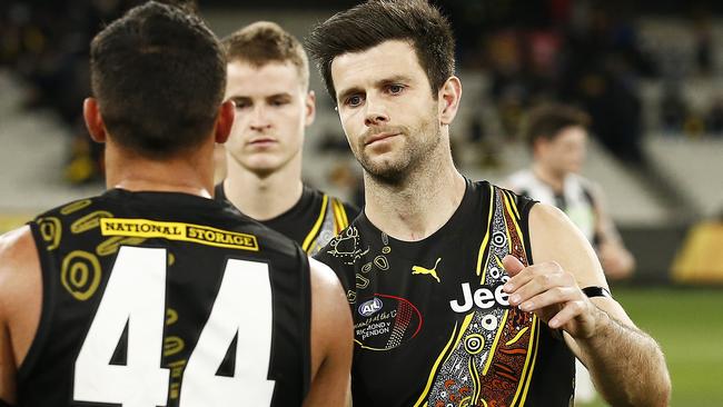 Trent Cotchin and the Tigers fell apart when the whips were cracking against the Pies. Picture: AFL Photos/Getty Images