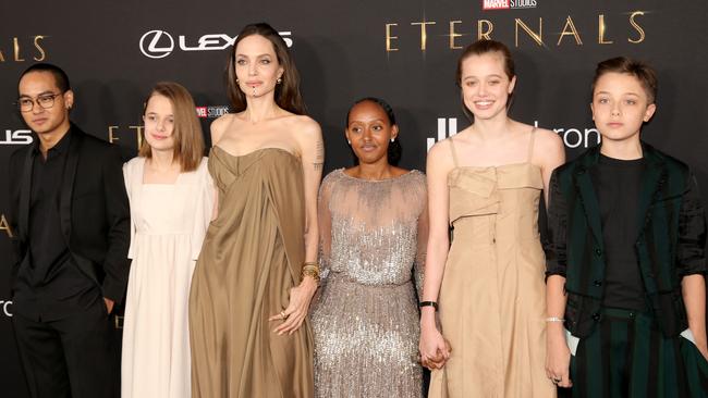 Angelina with five of her six children, L-R: Maddox, Vivienne, Zahara, Shiloh and Knox. Picture: Jesse Grant/Getty