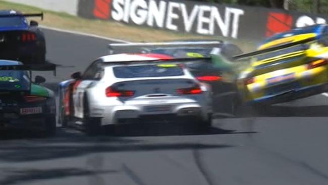 Chaz Mostert crashed out of the Bathurst 12 Hour in this four-car melee.