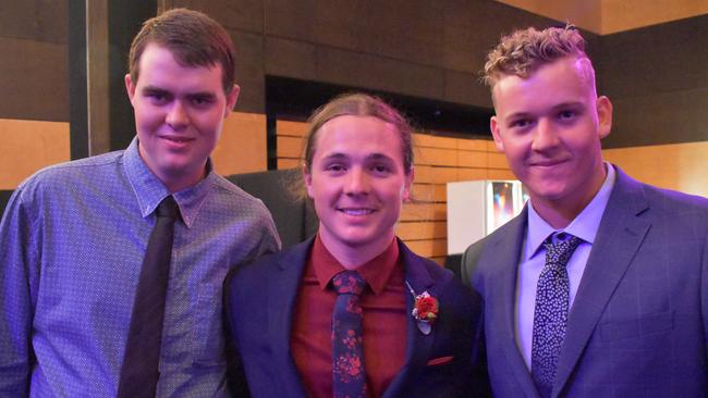 Carlin Bennett, Hayden Pullen and Damon Watson at the Mackay State High School formal at the MECC, on Wednesday November 18. Picture: Zizi Averill