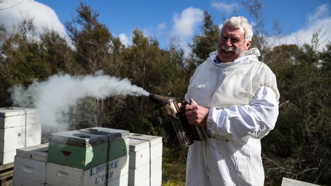 14/08/2017 Lindsay Bourke from Australian Honey Products checking bee hives in Tasmania. Heath Holden/The Australian