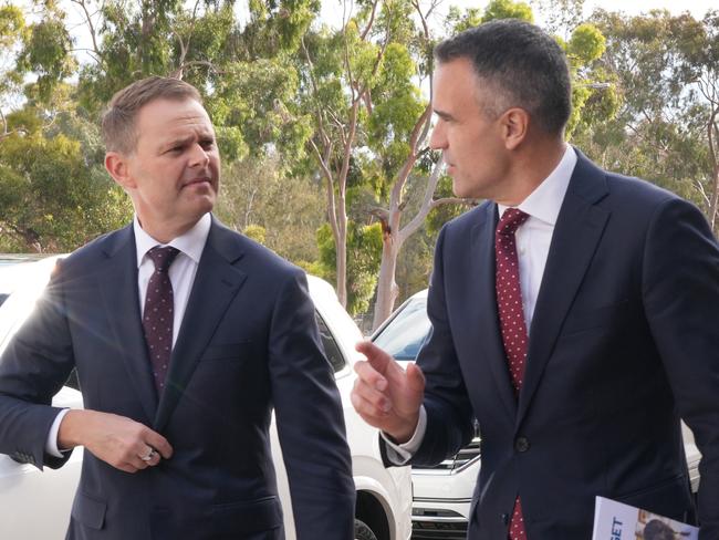 ADELAIDE, AUSTRALIA - NewsWire Photos June 5, 2025: BUDGET SA -South Australia Treasurer Stephen Mullighan (L) and Premier Peter Malinauskas arriving for Budget lockup, ready  to hand down the state budget.  Picture: NewsWire / Dean Martin