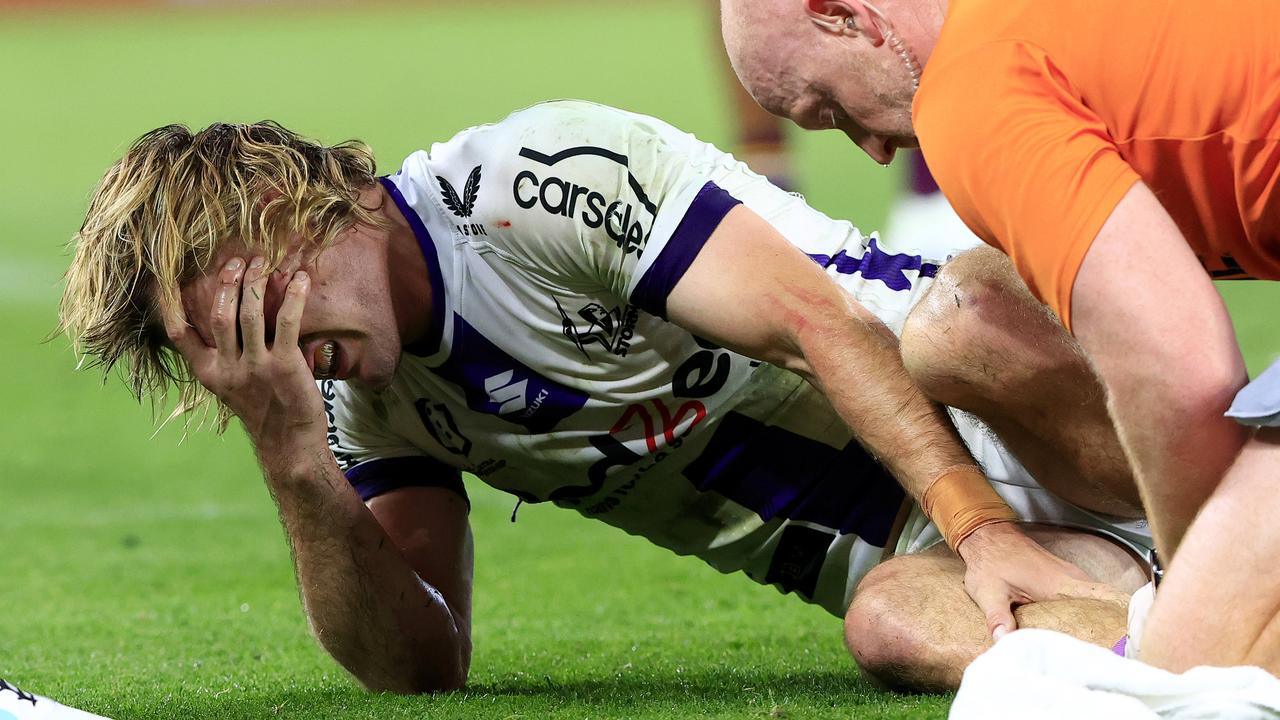 Ryan Papenhuyzen suffered a horror injury against the Broncos. Picture: Adam Head