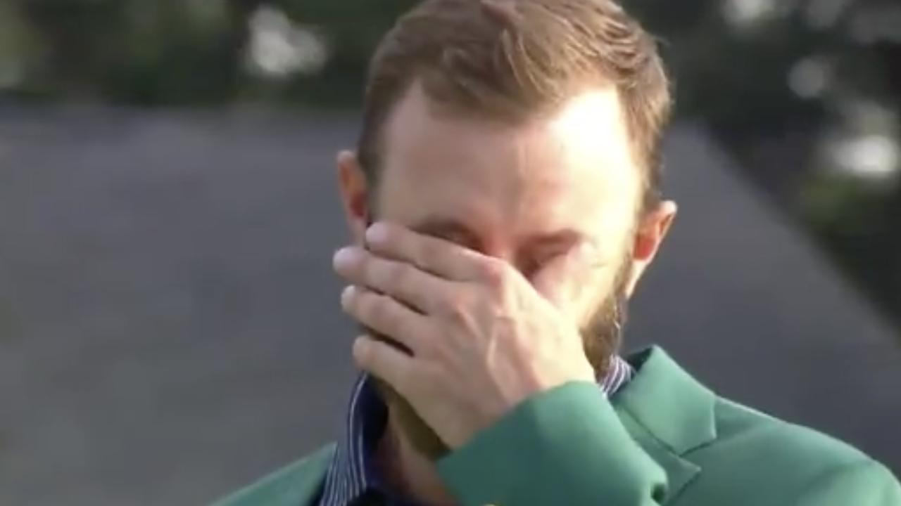 An emotional Dustin Johnson struggles to speak after his Masters win.
