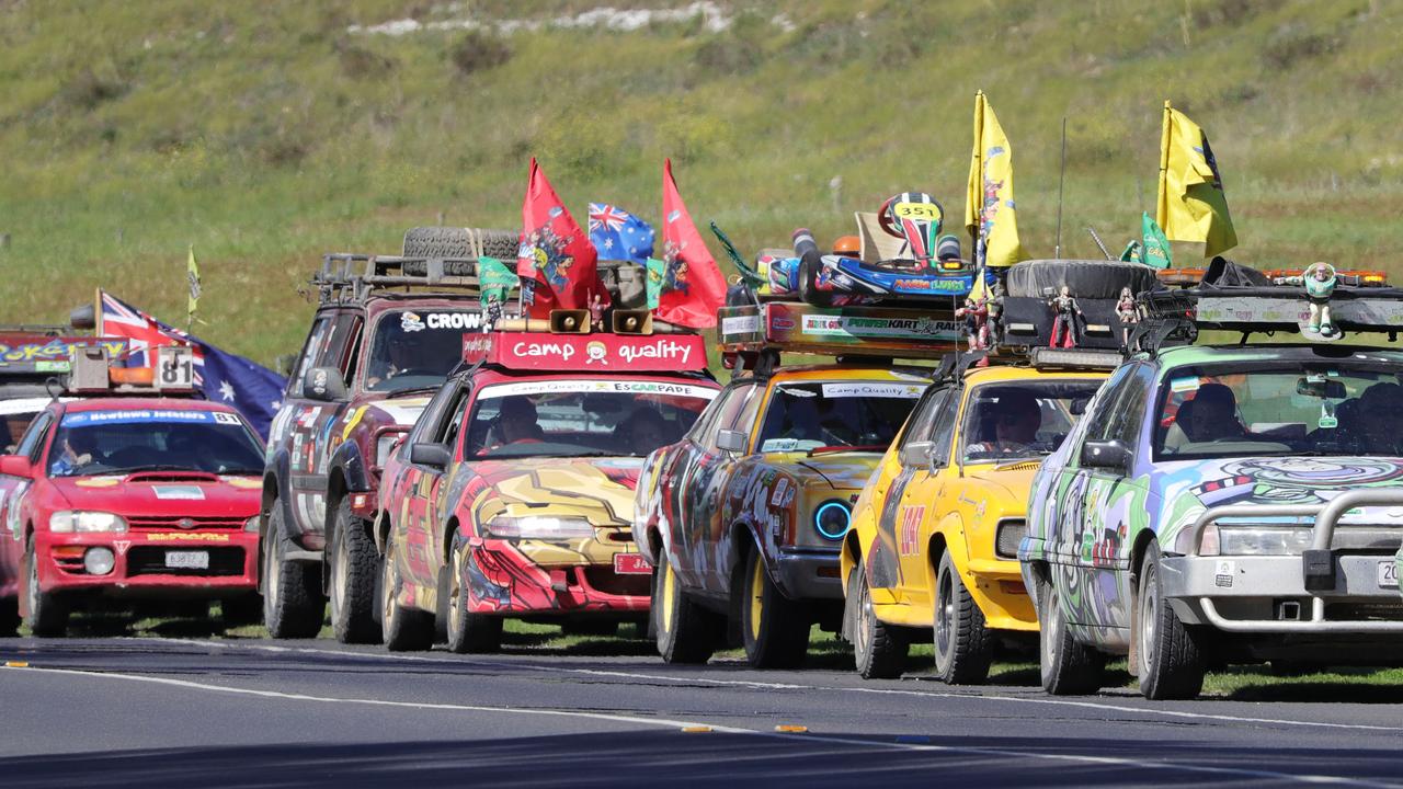 Camp QualityÃs signature motoring event, esCarpade with 50 themed cars, (including homages to Mario Bros, Superheroes, Smurfs, Simpsons, Incredibles and many more) will roll into Geelong's Barwon Valley Fun Park at 3.30pm .The line up of contestants arrive Picture: Mark Wilson